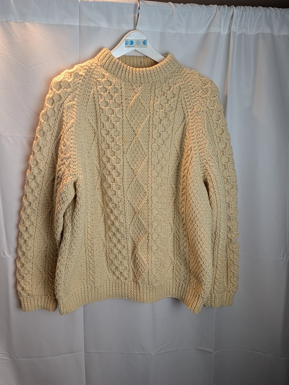 Glendhu Ireland Vintage Wool Fisherman Sweater Cream Aran Cable Knit Size XL